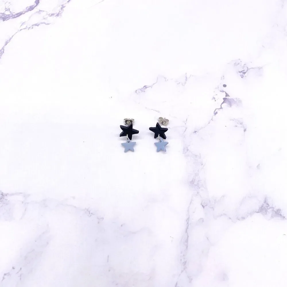 Black and Blue Small Star Dangle Stud Earrings